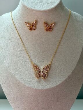 Pink Crystal Butterfly Necklace & Earrings Set – Gold Tone Rhinestone Jewelry